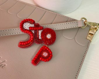 Red &quot;Stop&quot; Beaded Protest Brooch: Handmade Statement Jewelry