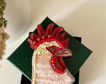 Beaded Rooster Brooch: Red and White Bead Embroidery Pin, Animal Farm Jewelry Gift.