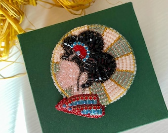 Geisha Lady Face Beaded  Brooch/Pin - Japanese Inspired Jewelry.