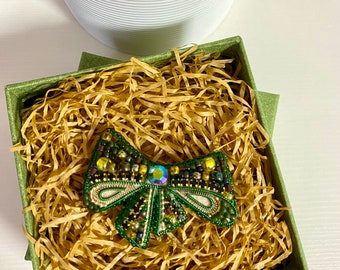 Green Coquette Bow Beaded Brooch/Pin - Elegant Accessory for a Gift, Wedding or Everyday Glam!
