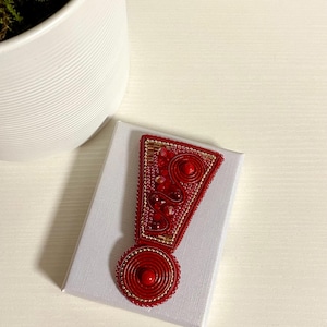 Red Beaded Exclamation Point Brooch: Bold Statement Jewelry