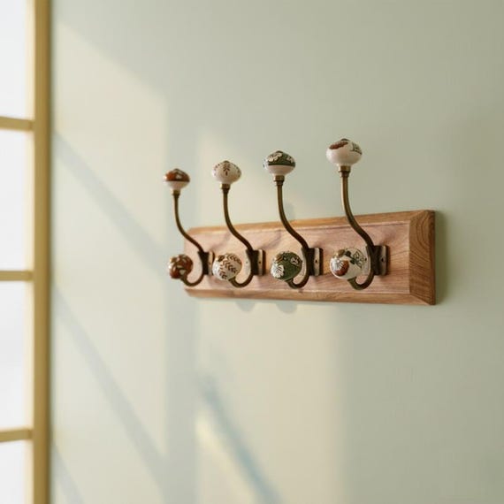 Mango Wood Wall Hanger: Rustic Ceramic Hook Coat Rack