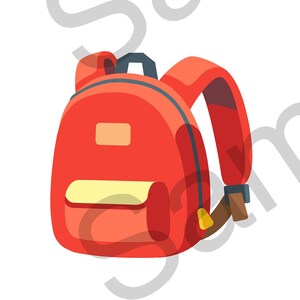Puede incluir: Un conjunto de útiles escolares que incluye una mochila roja, un libro rojo, un libro azul, una manzana verde y una manzana roja.