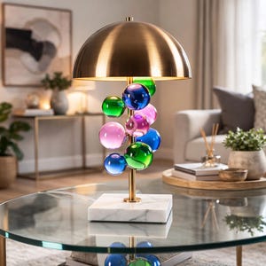 Handmade Colorful Bubble Glass Table Lamp, Modern Mushroom Lighting, Marble Base image 1