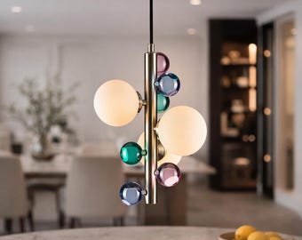 Colorful Bubble Glass Chandelier, Modern Globe Pendant Light, Handmade Hanging Lamp