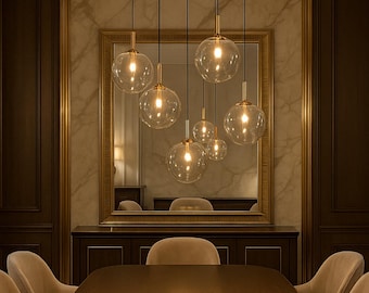 Moderner 7-Licht-Glaskugel-Kronleuchter, einstellbarer Cluster-Anhänger, Chrom oder Antik