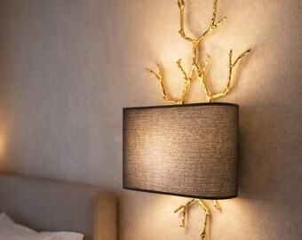 Gold Branch Wall Sconce, Fabric Shade Lamp, Organic Nature Inspired Lighting
