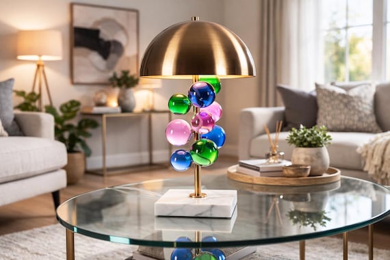 Handmade Colorful Bubble Glass Table Lamp, Modern Mushroom Lighting, Marble Base