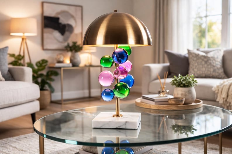 Handmade Colorful Bubble Glass Table Lamp, Modern Mushroom Lighting, Marble Base image 1