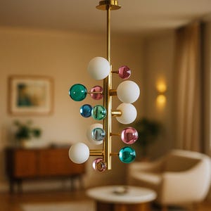 May include: A modern chandelier with a gold finish and a series of spherical lights. The chandelier features white, green, blue, and pink glass globes. The fixture is suspended from the ceiling, showcasing a contemporary design.