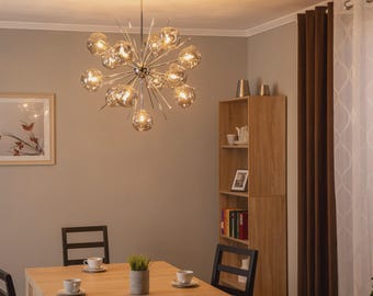 Modern Sputnik Chandelier with Melted Glass, 13-Light G9, Chrome or Antique