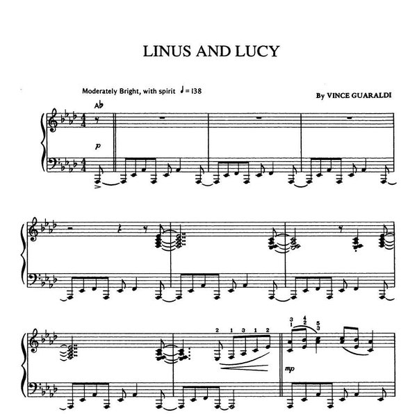 Vince Guaraldi - Linus And Lucy Sheet Music, Piano Score, Peanuts Theme Song, Printable Digital PDF Download, Musician Gift