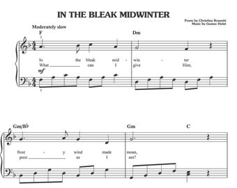 In The Bleak Midwinter Music Sheet, Winter Carol Piano Arrangement, Christmas Music for Piano, Holiday Sheet Music, Digital Printable PDF