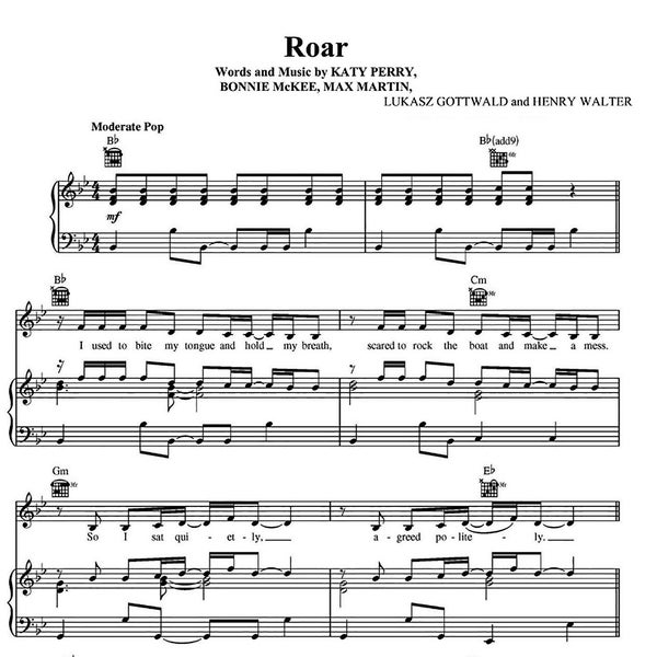 Katy Perry - Roar Sheet Music, Printable PDF, Pop Song Piano Notes, Instant Download