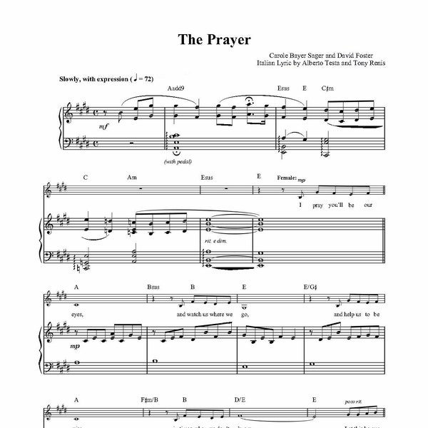 Andrea Bocelli & Celine Dion - The Prayer Sheet Music - Digital Download, Duet, Romantic Ballad, Instant Print
