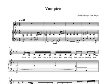 Olivia Rodrigo - Vampire Sheet Music Download - Digital PDF, Pop Song, Piano Solo, Instant Print, Olivia Rodrigo Music