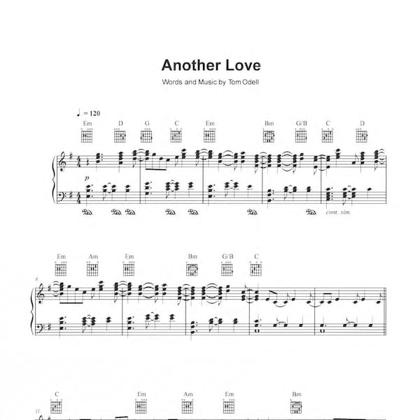 Tom Odell - Another Love Piano Sheet Music - Digital Download for Keyboard, Printable PDF Music Score, Instant Access to Ballad Arrangement