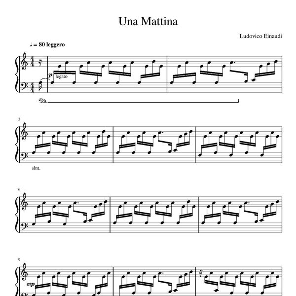 Ludovico Einaudi - Partituras para piano Una Mattina, Descarga instantánea, PDF imprimible, Notas musicales, Impresión digital, Cancionero