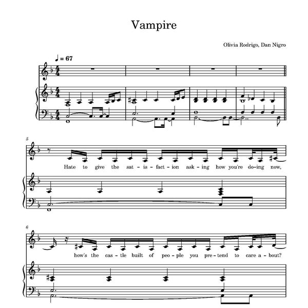 Olivia Rodrigo - Vampire Sheet Music Download - Digital PDF, Pop Song, Piano Solo, Instant Print, Olivia Rodrigo Music