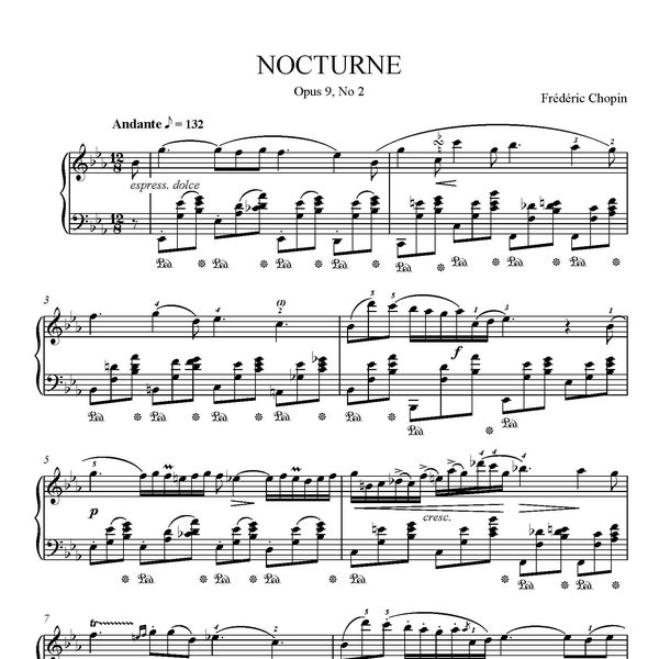 Frederic Chopin - Nocturne in E Flat Major Op. 9 No. 2 Music Sheet, Digital Printable PDF, Classical Sheet Music Instant Download, Music Art