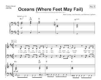 Hillsong United - Oceans Sheet Music, Piano, Guitar Tabs, Printable Christian Worship Song, Digital PDF Download, Inspirational Music Score