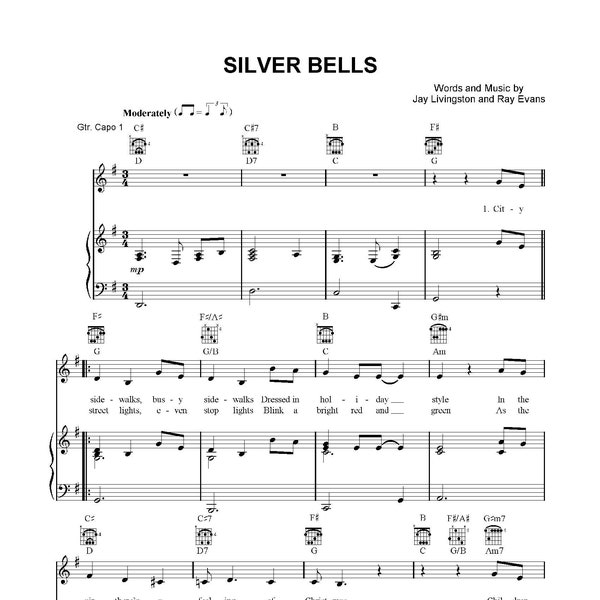 Bing Crosby - Silver Bells Sheet Music , Vintage Holiday Song, Christmas Carol Printable PDF, Instant Digital Download, Festive Christmas