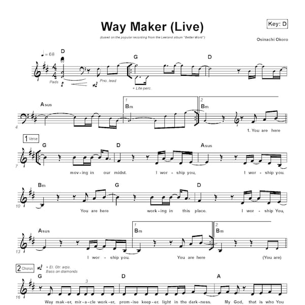 Leeland - Way Maker Sheet Music for Piano, Guitar, and Voice | Christian Worship Song Notation, Printable PDF, Instant Digital Download