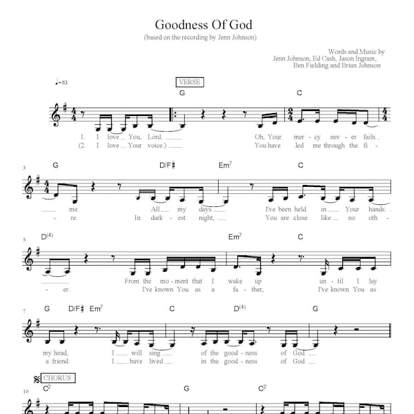 Jenn Johnson - Goodness Of God Noten | Christliche Klaviernoten, Worship Song Arrangement, Sofort Download, Hymne Musik PDF, printable