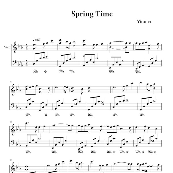 Yiruma - Spring Time Piano Sheet Music | Beautiful Instrumental Music Notes for Piano Players and Music Lovers, Digital Printable PDF Sheet