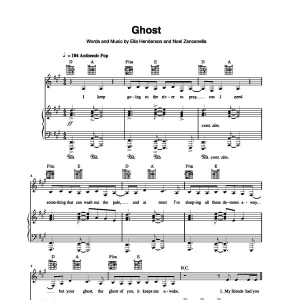 Ella Henderson - Ghost Sheet Music - Printable PDF, Piano Notes, Digital Download, Pop Song, Singer-Songwriter Instant Print Lyrics Included