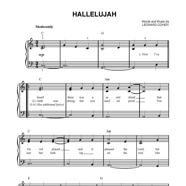 Leonard Cohen - Hallelujah Sheet Music Download - Digital PDF, Classic Song, Piano Solo, Instant Print, Leonard Cohen Music