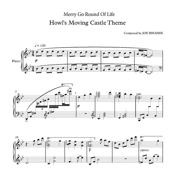 Joe Hisaishi - Merry Go Round Of Life from Howl's Movie Castle Music Sheet, Piano Score, Studio Ghibli, Printable Digital PDF Download
