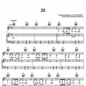 Taylor Swift - 22 Sheet Music, Printable Digital Download, Easy Piano, Song Notes, Pop Music, Lyrics, Musician Gift