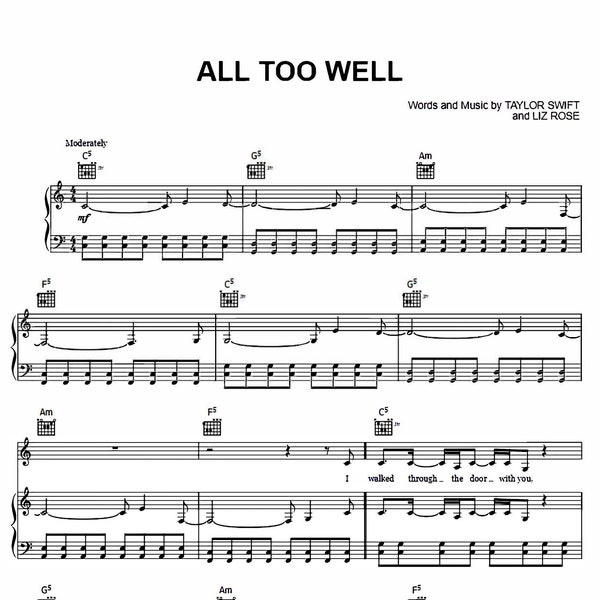 Taylor Swift - All Too Well  Sheet Music - Digital Download, Piano Notes, Guitar Tabs, Swiftie Music Sheet, Printable Music Sheet, Taylor