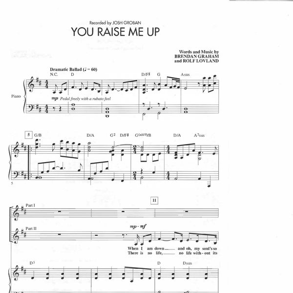 Josh Groban - You Raise Me Up Sheet Music Download - Digital PDF, Inspirational Song, Vocal and Piano, Instant Print