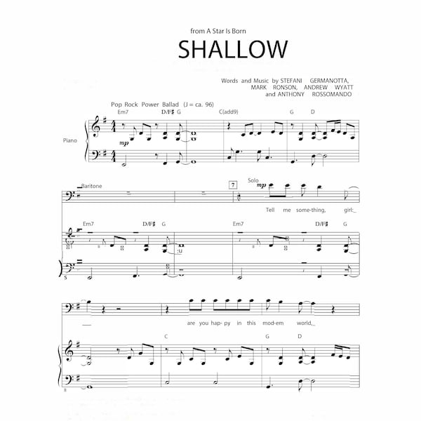 Shallow - A Star Is Born Sheet Music Download - Digital PDF, Lady Gaga, Bradley Cooper, Piano Solo, Instant Print