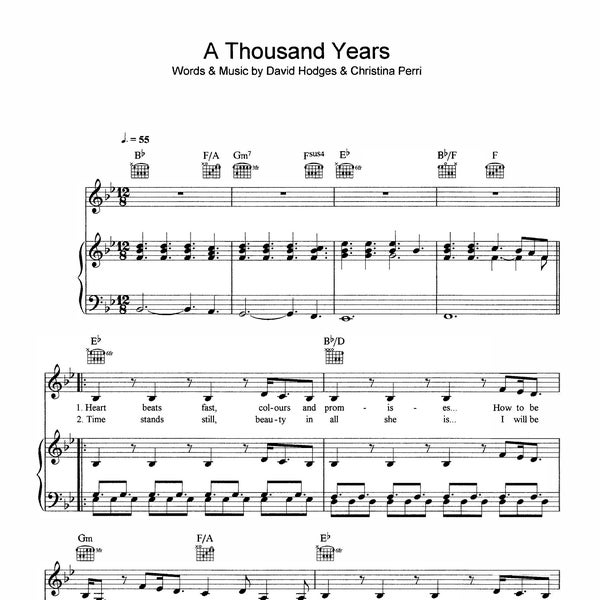Christina Perri - A Thousand Years Sheet Music Download - PDF numérique, partition de piano romantique, chanson de mariage, impression instantanée