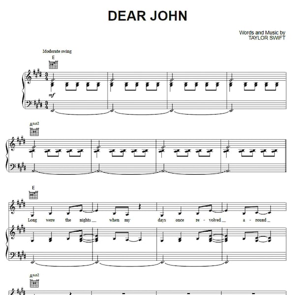 Taylor Swift - Dear John Sheet Music - Printable PDF Download - Guitar Piano Chords Lyrics - Instant Digital Music Score, Swifties