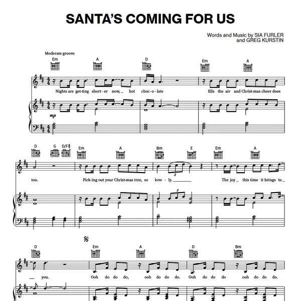 Sia - Le Père Noël arrive pour nous, PDF imprimable en téléchargement numérique, Notes de musique des Fêtes, Partitions de chanson de Noël, Musique déco à faire soi-même, Partition festive pour piano