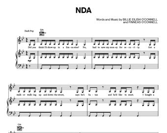 Billie Eilish - NDA Noten - Digitaler Download, Klaviernoten, Pop Song, Musik Partitur, druckbare PDF, Sofortzugang, Songtexte Notenblatt