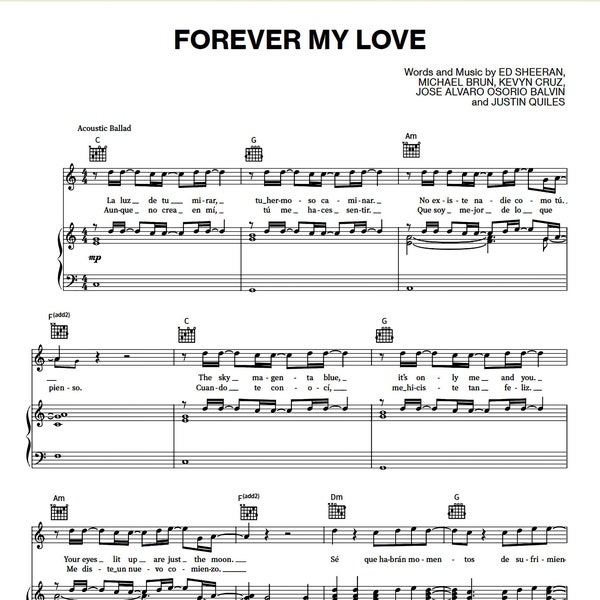 J Balvin And Ed Sheeran Music Sheet - Forever My Love - Piano Notes Digital Download, Sheet Music PDF Musician Gift, Wedding Song, Printable