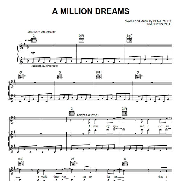 The Greatest Showman - A Million Dreams Notenblatt | Klavier Partitur, Musiknoten, Digitaler PDF Download, Geschenk für Pianisten zum Ausdrucken