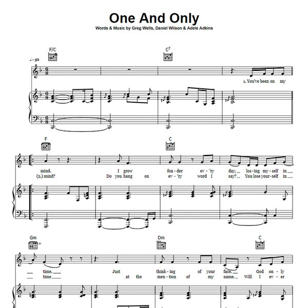 Adele - One And Only Piano Sheet Music - Printable PDF, Instant Download, Vocal Solo, Music Notes, Pop Song, Digital Print