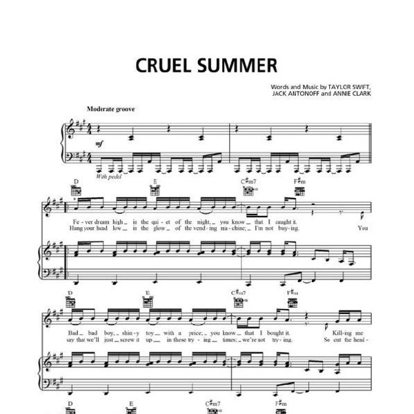 Taylor Swift - Cruel Summer Sheet Music - Printable PDF - Pop Song Piano Notes - Musician Gift - Digital Download