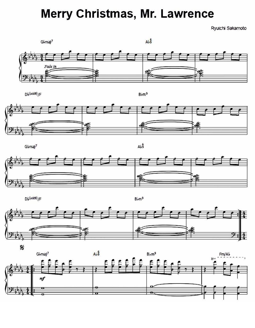 Ryuichi Sakamoto Merry Christmas Mr Lawrence Sheet Music, Piano Score, Digital Download for