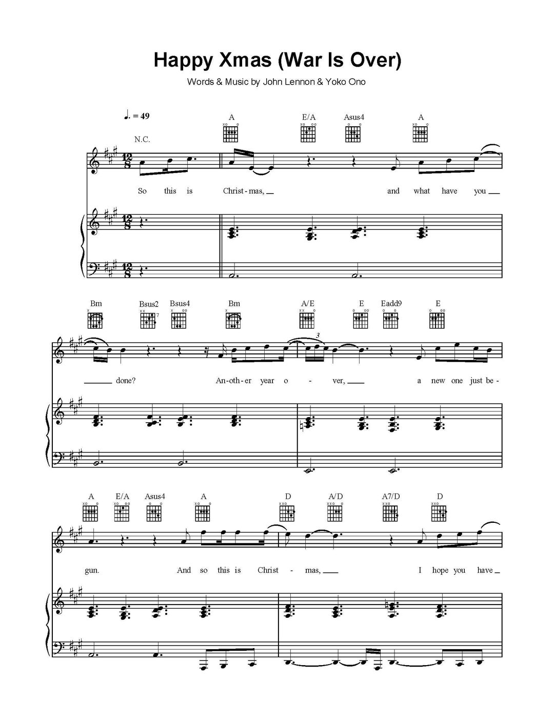 John Lennon Happy Xmas War is Over Sheet Music Christmas Song Digital