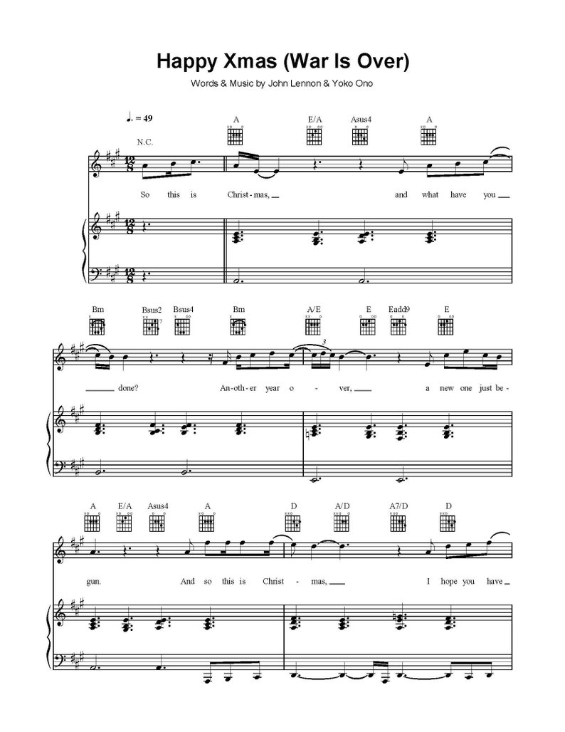 John Lennon Happy Xmas War is Over Sheet Music Christmas