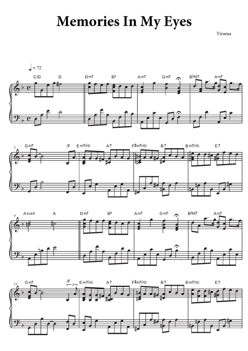 Yiruma Memories in My Eyes Piano Sheet Music Printable, Digital Download Romantic Instrumental