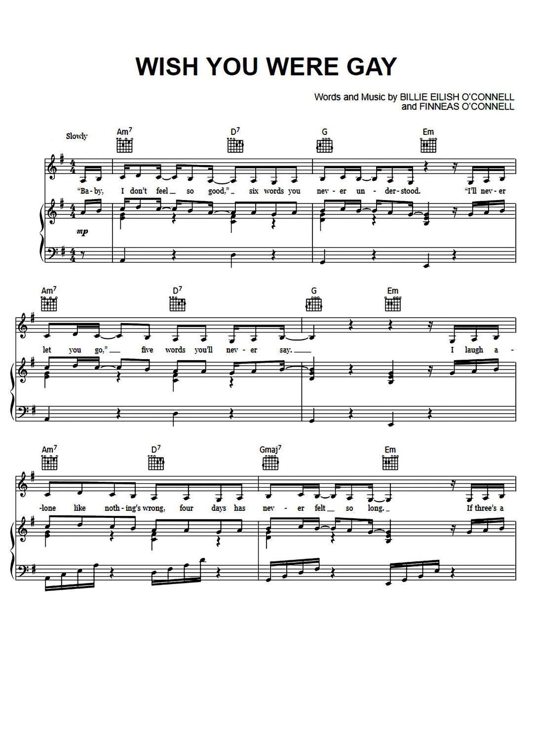 Billie Eilish Wish You Were Gay Sheet Music, Piano Notes, Digital Download, Printable Music