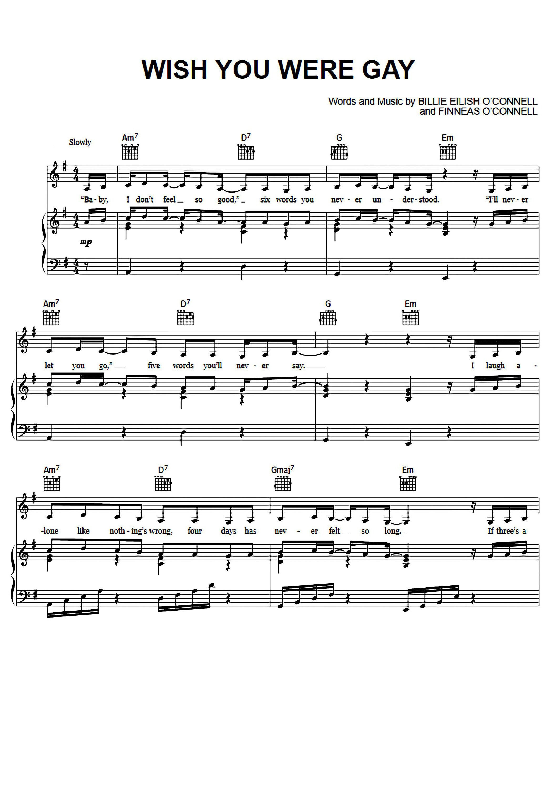 Billie Eilish Wish You Were Gay Sheet Music, Piano Notes, Digital Download, Printable Music